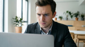 A man in a suit sits at a desk, looking intently at a laptop screen in a modern office with potted plants, perhaps researching Lowell eye exams.
